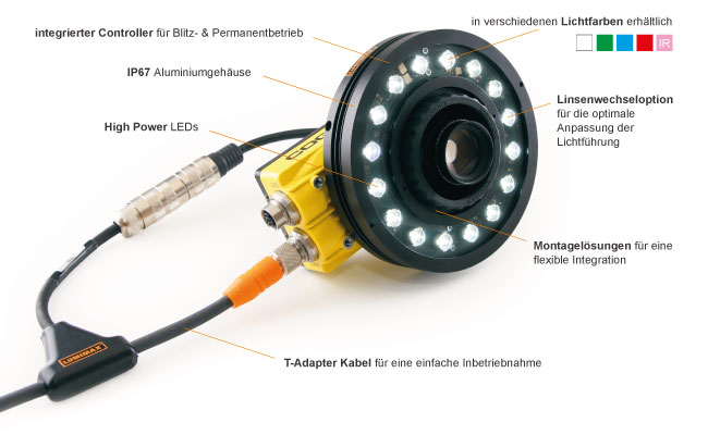 integrierter Controller für Blitz- & Permanentbetrieb | 
IP67 Aluminiumgehäuse |
High Power LEDs |
in verschiedenen Lichtfarben erhältlich |
Linsenwechseloption für die Anpassung der Lichtführung |
Montagelösungen für eine flexible Integration |
T-Adapter Kabel für eine einfache Inbetriebnahme
