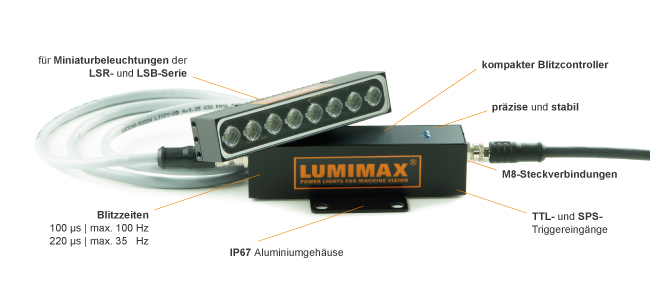 kompakter Blitzcontroller | 
praezise und stabil |
M8-Steckverbindungen |
TTL- und SPS-Triggereingaenge |
IP67 Aluminiumgehaeuse |
Blitzzeiten: 100 μs | max. 100 Hz; 220 μs | max. 35 Hz |
fuer Miniaturbeleuchtungen der LSR- und LSB-Serie