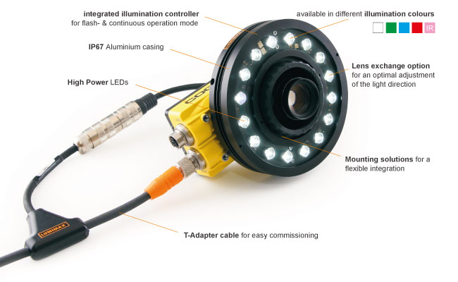 integrierter Controller für Blitz- & Permanentbetrieb | 
IP67 Aluminiumgehäuse |
High Power LEDs |
in verschiedenen Lichtfarben erhältlich |
Linsenwechseloption für die Anpassung der Lichtführung |
Montagelösungen für eine flexible Integration |
T-Adapter Kabel für eine einfache Inbetriebnahme
